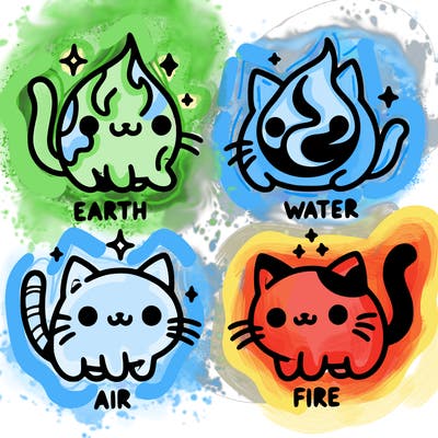 4 cats that represent the different elements, earth, water, air, and fire