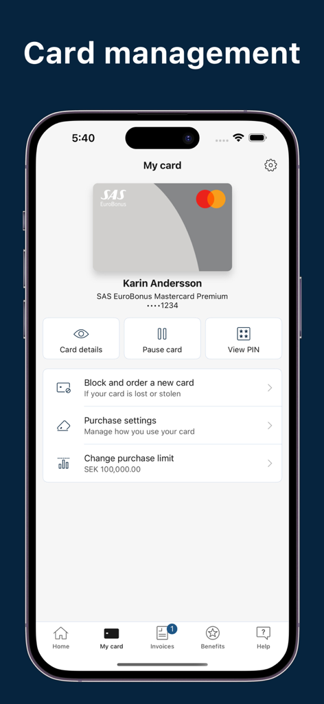 Tela de gerenciamento de cartão do aplicativo SAS EuroBonus World Mastercard