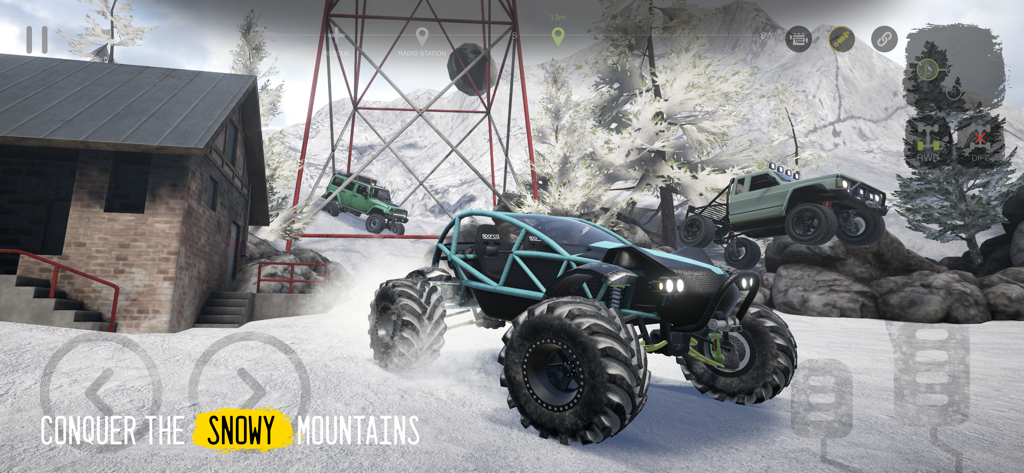 Vehículos todoterreno personalizados circulando por un paisaje montañoso nevado en Mudness Simulator