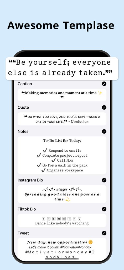 Letter Fonts - Text Stylish - A screen displaying various stylish text templates for Instagram and TikTok bios within the Letter Fonts app