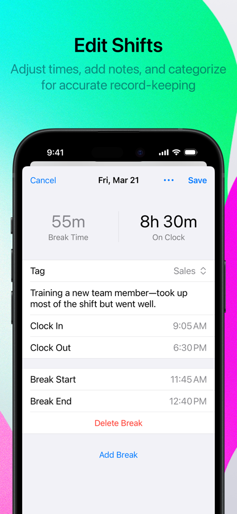 Punch Time Clock - Pantalla de smartphone mostrando la función Editar Turnos en la aplicación Reloj de Fichaje con horarios de descanso y notas de turno