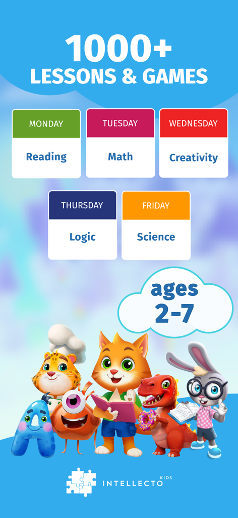 Intellecto Kids app weekly curriculum for ages 2 to 7 including reading math and science