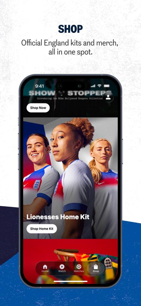 The Official England App - La pantalla de la tienda de La Aplicación Oficial de Inglaterra que presenta la equipación local de las Leonas y mercancía oficial.