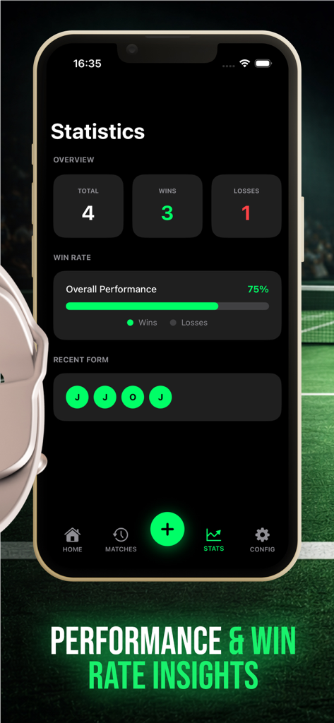Pantalla de estadísticas de la app rastreadora de tenis SetPoint que muestra información de rendimiento y tasa de victorias