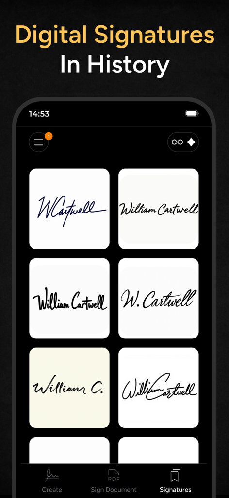 Una galería de firmas digitales guardadas en varios estilos de escritura a mano dentro de la pantalla de historial de la aplicación eSign AI.