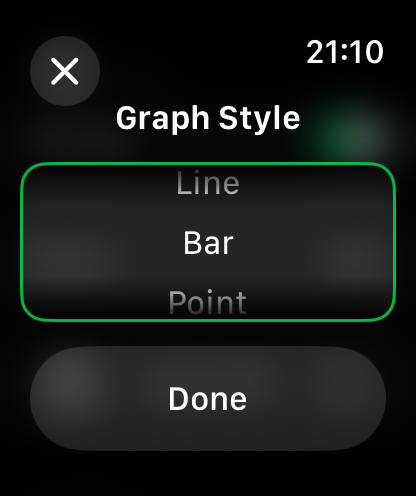GlucoseWatch - Pantalla de Apple Watch que muestra las opciones de estilo de gráfico para la visualización de datos de glucosa