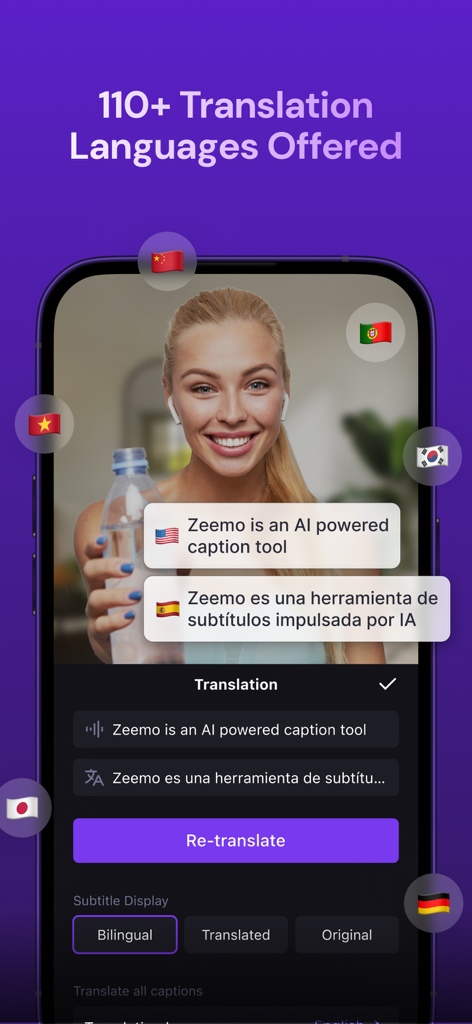 Interfaz de la app Zeemo mostrando traducción de vídeo por IA a más de 110 idiomas con subtítulos bilingües