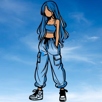 girl in baggy pants crop top and long hair