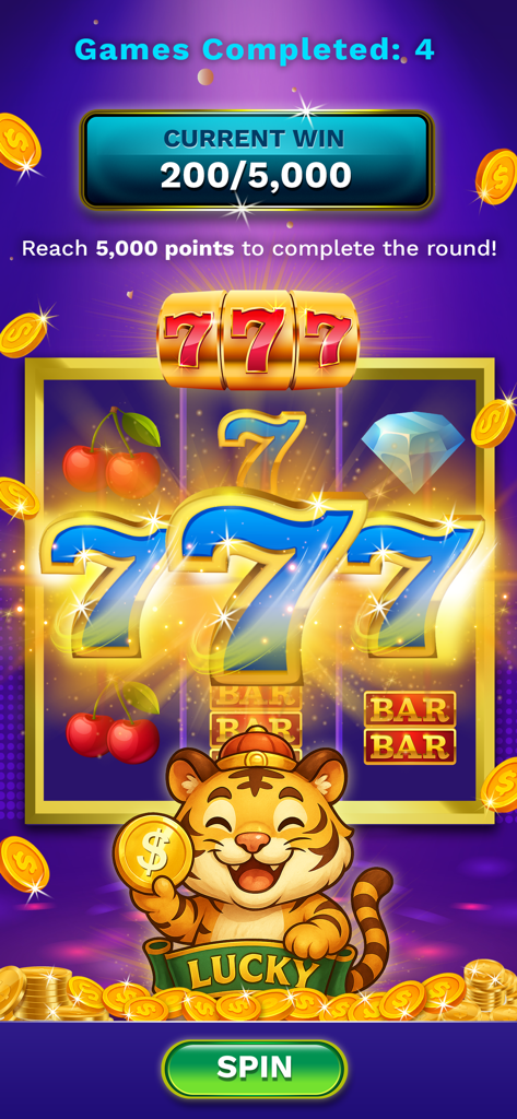Real Casino Slots - Big Win - Vegas style slot machine interface with triple seven symbols and a lucky tiger character holding a coin