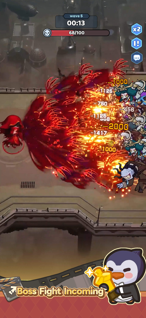 Penguin GO! - Collab - A red hooded hero character unleashing a massive fiery area of effect attack against waves of monsters in Penguin GO.