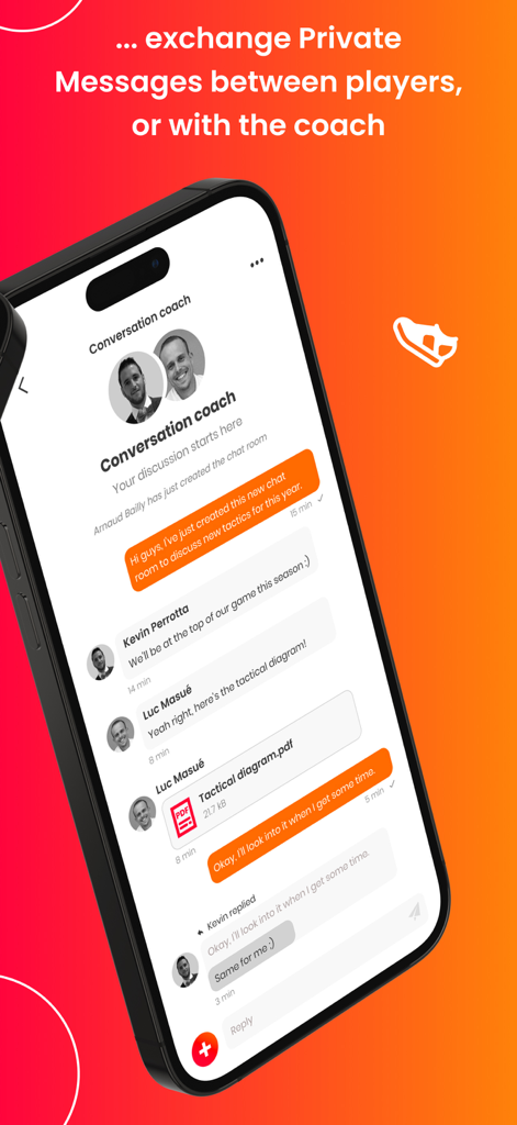 TeamPulse - Team management - Screenshot of TeamPulse app showing a private chat between a coach and players with a shared tactical document.