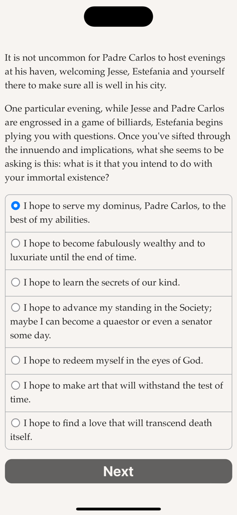 A text-based gameplay screen showing narrative choice options in Choice of the Vampire