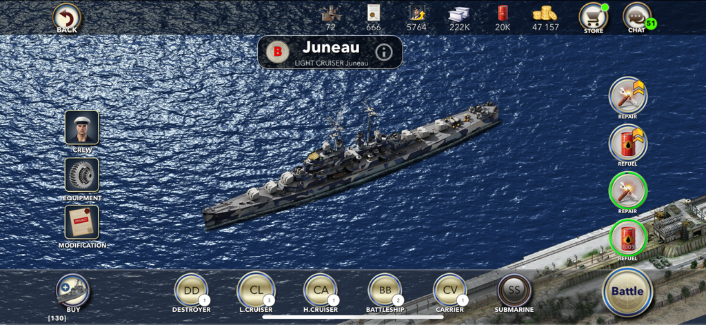 Naval Warship Tactics: Online - Naval Warship Tactics game screen featuring the Juneau light cruiser and tactical fleet management UI