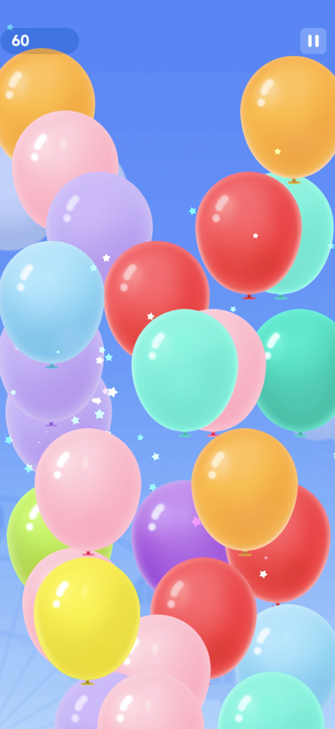 Pantalla de juego del Juego de Reventar Globos mostrando varios globos coloridos flotando sobre un fondo azul en modo por Tiempo