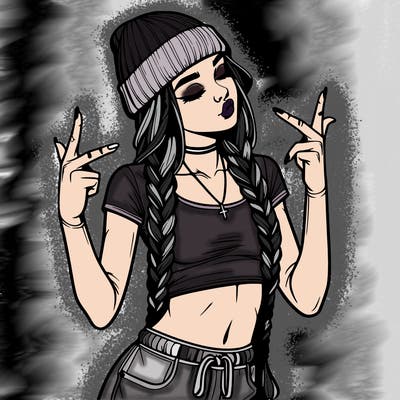 realistic teenage girl with braids and a beanie and crop top doing 🫶🏼