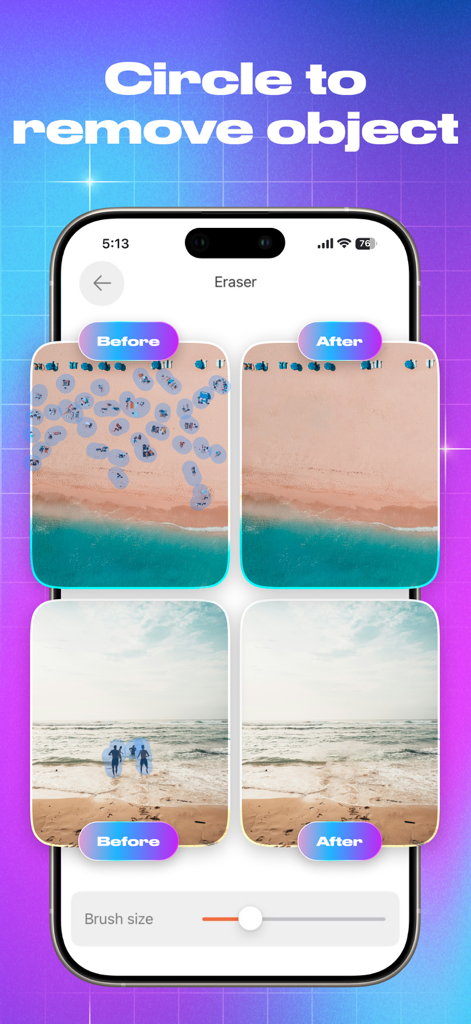 Photo Remover - Erase Objects - App interface showing before and after examples of removing people from beach photos using AI