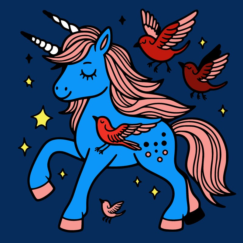 a unicorn with birds on its back