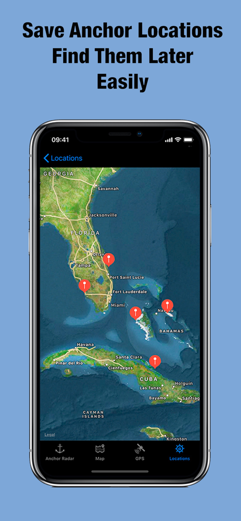 A map showing saved anchor locations in the SafeAnchor app