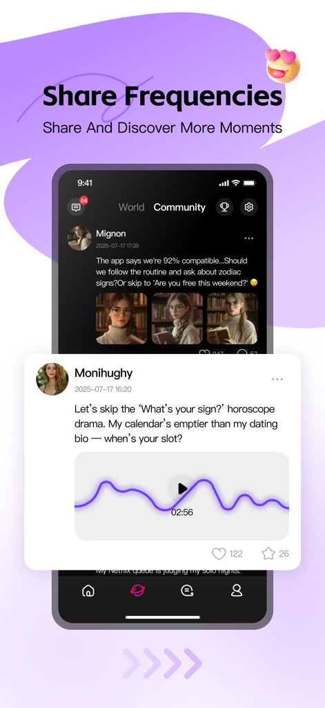 Love Spouse-Remote Connection - Una interfaz de aplicación móvil que muestra un feed de comunidad social donde los usuarios comparten publicaciones personales y patrones de frecuencia de audio.