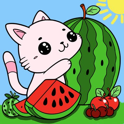 a cat with a watermelon and fruits