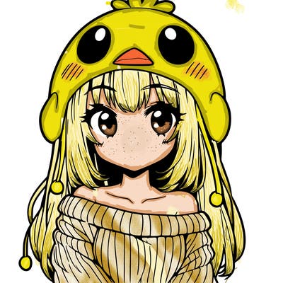 anime girl with chick shaped hat with sweater with bare shoulders with bangs covering them one eye with low tail