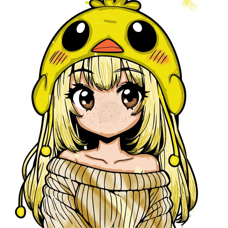 anime girl with chick shaped hat with sweater with bare shoulders with bangs covering them one eye with low tail