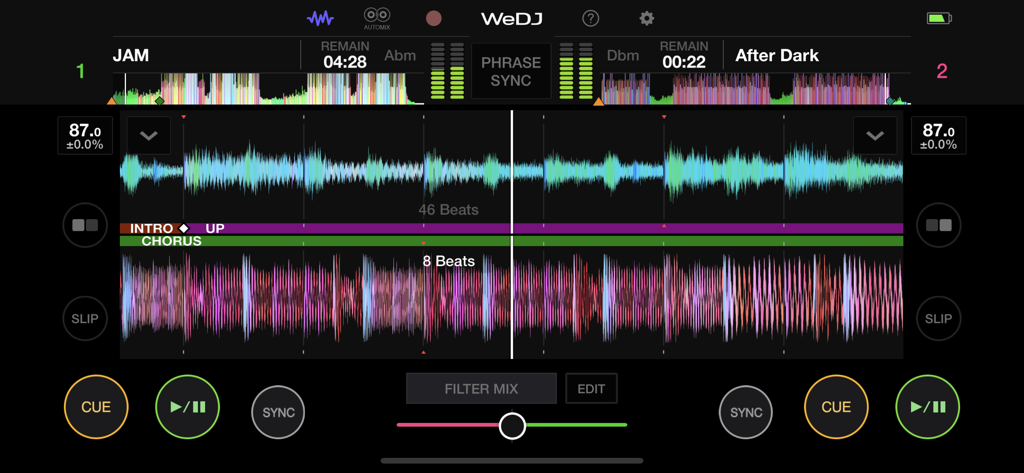 WeDJ for iPhone professional DJ mixing interface with dual track waveforms