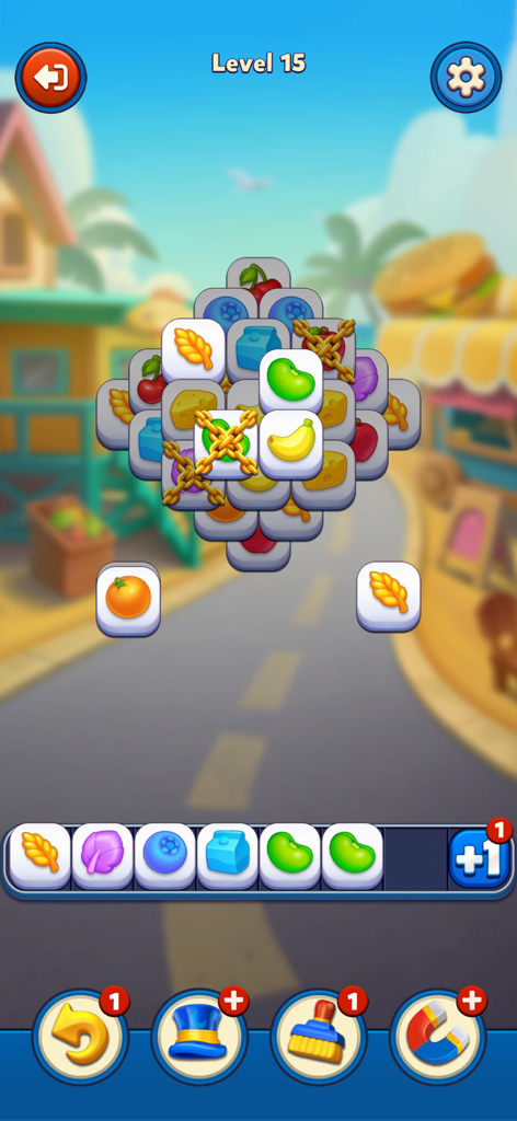 Tile Blast: ASMR Match - Gameplay of Tile Blast ASMR Match showing a triple match puzzle board and power ups