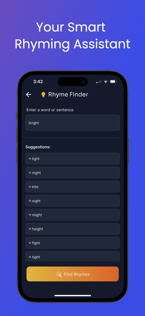 AI Poem & Lyric Generator - LyricMuse Mobile-App-Oberfläche, die die Funktion des intelligenten Reim-Assistenten mit Wortvorschlägen zeigt