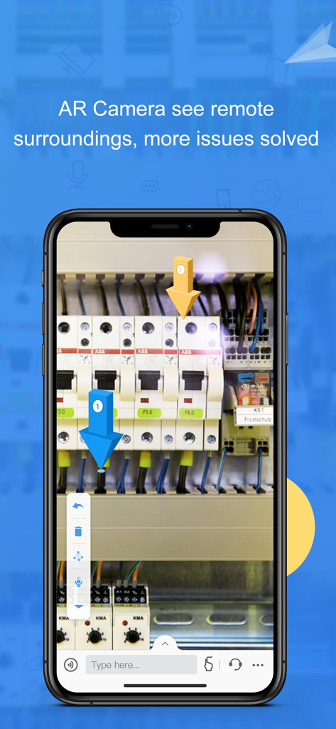 AirDroid Business AR-Kameransicht mit 3D-Markern, die auf elektrische Schaltschrankkomponenten für die Fernunterstützung zeigen.