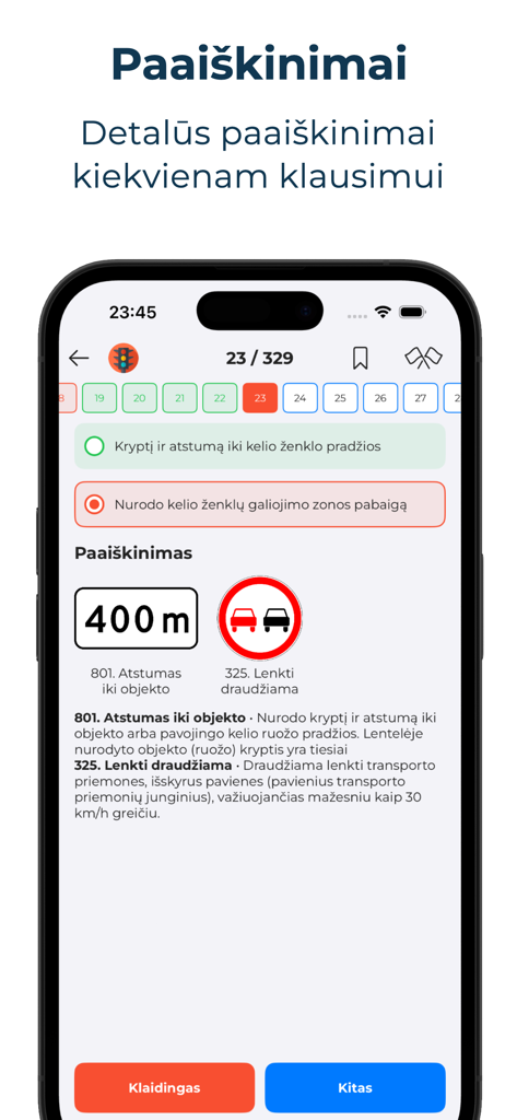 KET bilietai 2026 - Autostart - Screenshot dell'app Autostart che mostra spiegazioni dettagliate per le domande di teoria della guida lituana