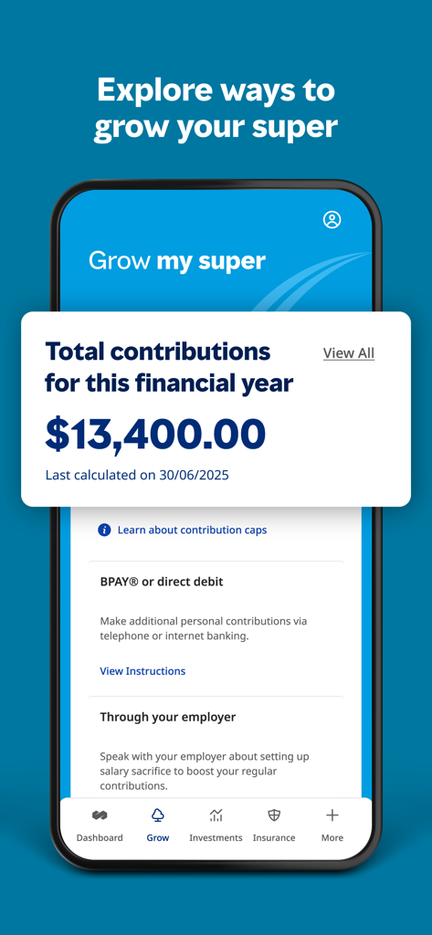 Mercer Super (Member App) - A screenshot of the Mercer Super mobile app showing total annual contributions and options to grow retirement savings.