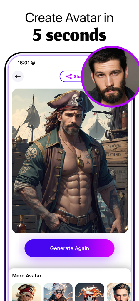 モバイルアプリのインターフェースに、ユーザー写真が「5秒でアバター作成」という見出しとともに海賊風AIアバターに変換されている様子が表示されている