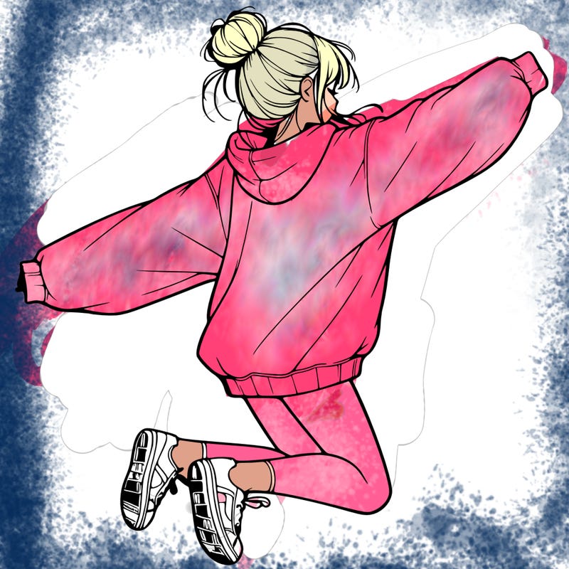 realistic girl jumping with a bun and oversized sweatshirt