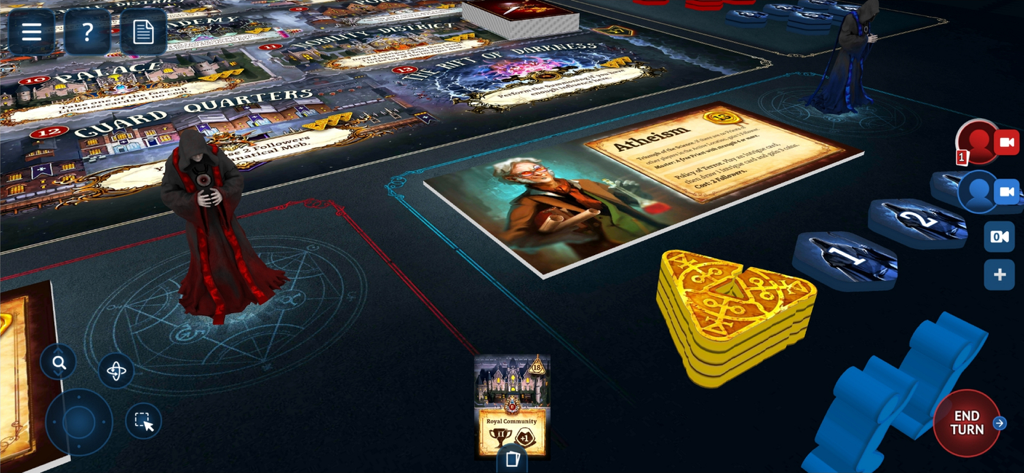 Digital 3D board game interface with miniatures and cards on a virtual tabletop