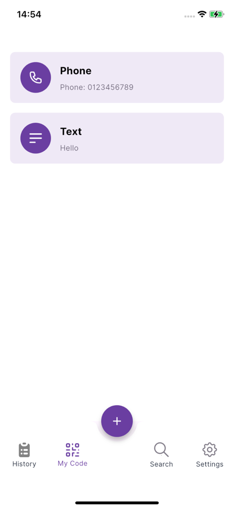 QRCode Scanner T - The My Code screen of the QRCode Scanner T app showing saved phone and text information