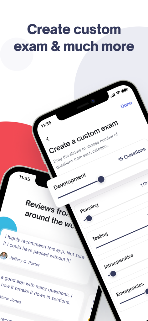 EPPP Exam Prep app screen showing custom exam creation with sliders and user reviews