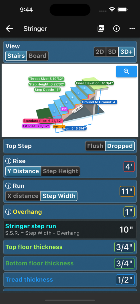 Outil de limon d'escalier de la calculatrice Pieds et Pouces avec un diagramme 3D et des mesures.