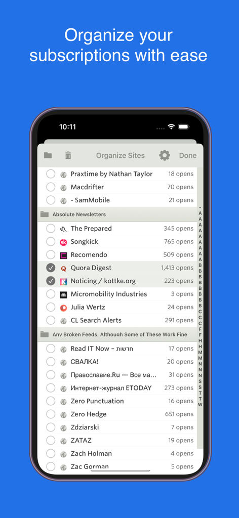 NewsBlur - NewsBlur App-Oberfläche zum Organisieren von RSS-Site-Abonnements in Ordnern mit Nutzungsstatistiken.