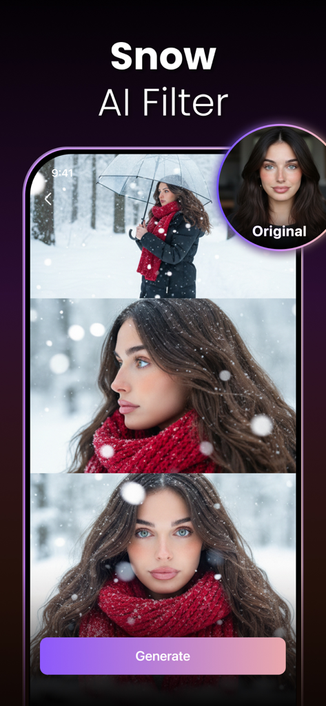 Interfaz de la aplicación Bananix Pro mostrando el filtro de nieve con IA aplicado a un retrato