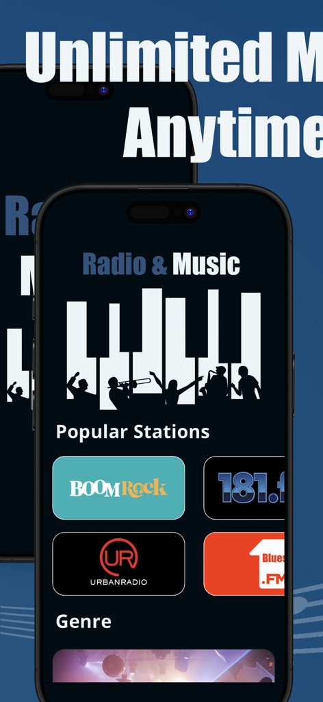 Music & Radio - Panor - Music and Radio Panor app screen showing popular radio stations and genres