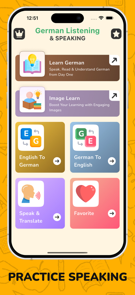 German Listening & Speaking - Pantalla de la aplicación móvil de escuchar y hablar alemán que muestra opciones de módulos de aprendizaje, traducción y práctica de voz
