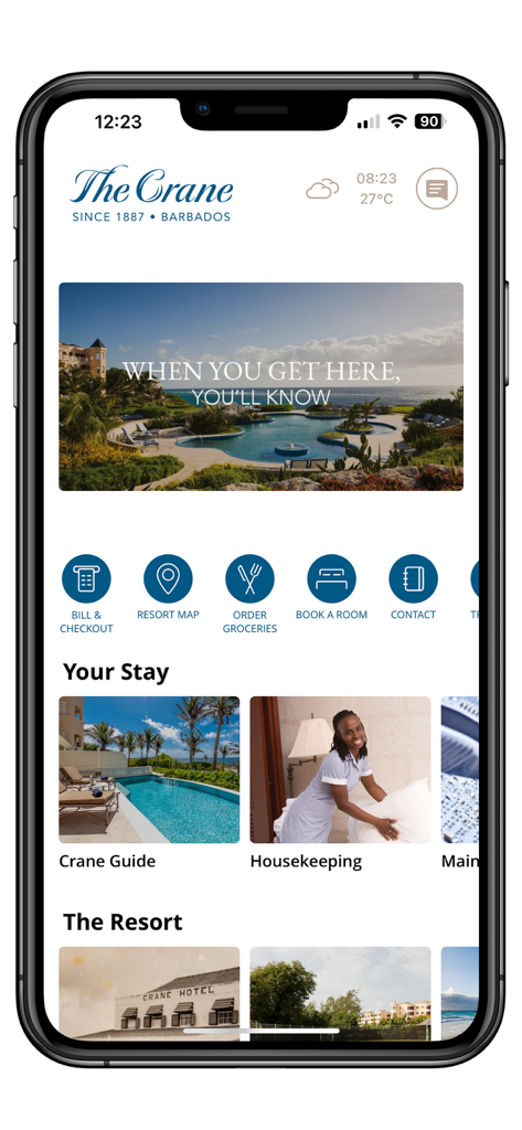 The Crane Resort - Schermata principale dell'app The Crane Resort con servizi concierge digitali e comfort del resort