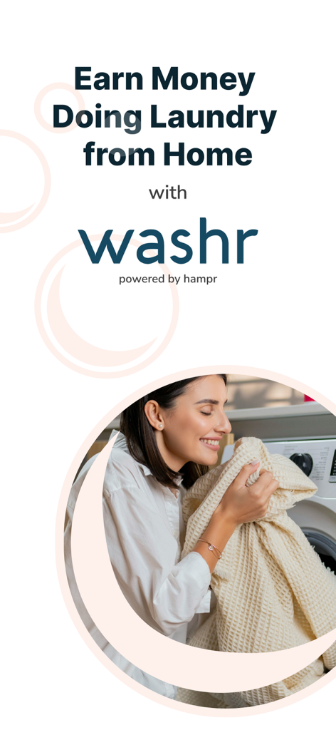 A woman smiling while holding fresh laundry next to a washing machine with text promoting earning money from home with washr
