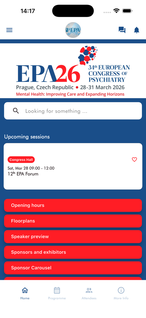 EPA Congress 2026 - Startbildschirm der EPA Kongress 2026 Mobile App mit anstehenden Sitzungen und Veranstaltungsnavigation