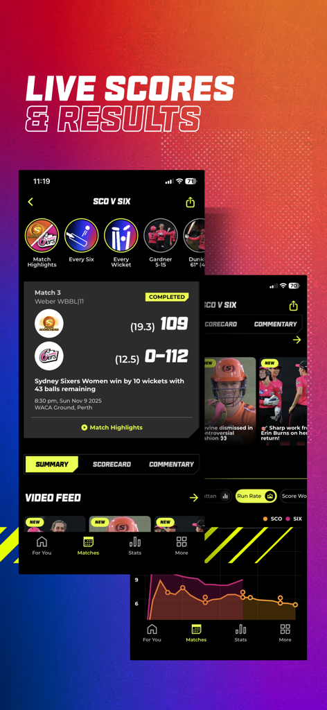 Big Bash - Interface do aplicativo de críquete Big Bash exibindo pontuações e resultados ao vivo