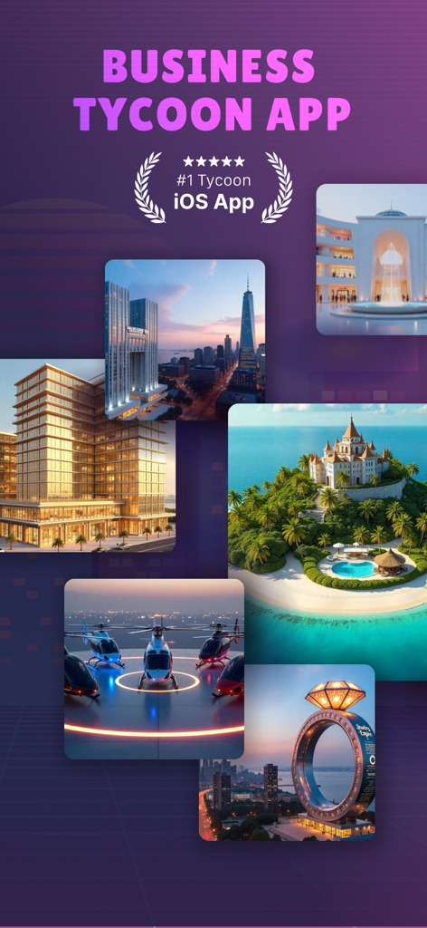 Business Tycoon Clash & Deals - La aplicación Business Tycoon muestra activos de lujo que incluyen una isla privada, helicópteros y rascacielos en la ciudad.
