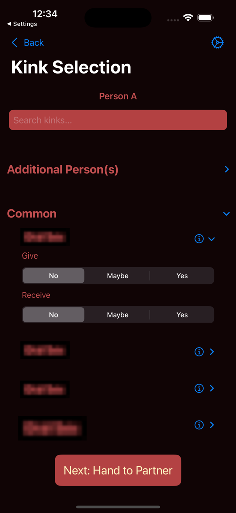 KinkMatch - Interface for Person A to select sexual preferences and roles in the KinkMatch app