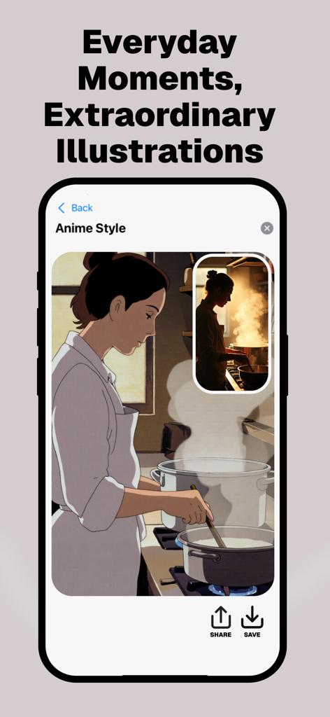 Anime Photo Filter  - Anime.ai - Uma tela de iPhone exibindo uma foto real de uma mulher cozinhando sendo transformada em uma ilustração de anime de alta qualidade.