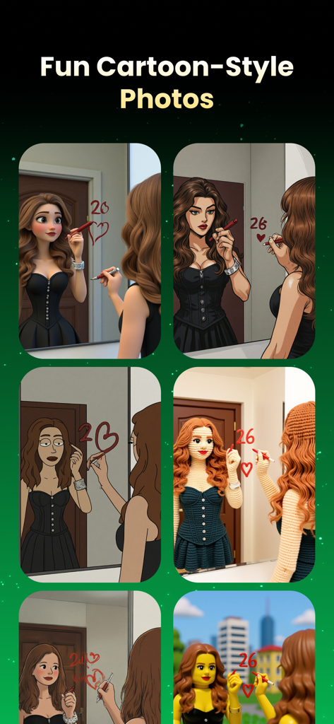 A collection of AI-generated cartoon and artistic filters including 3D animation, comic book, and toy styles applied to a portrait.